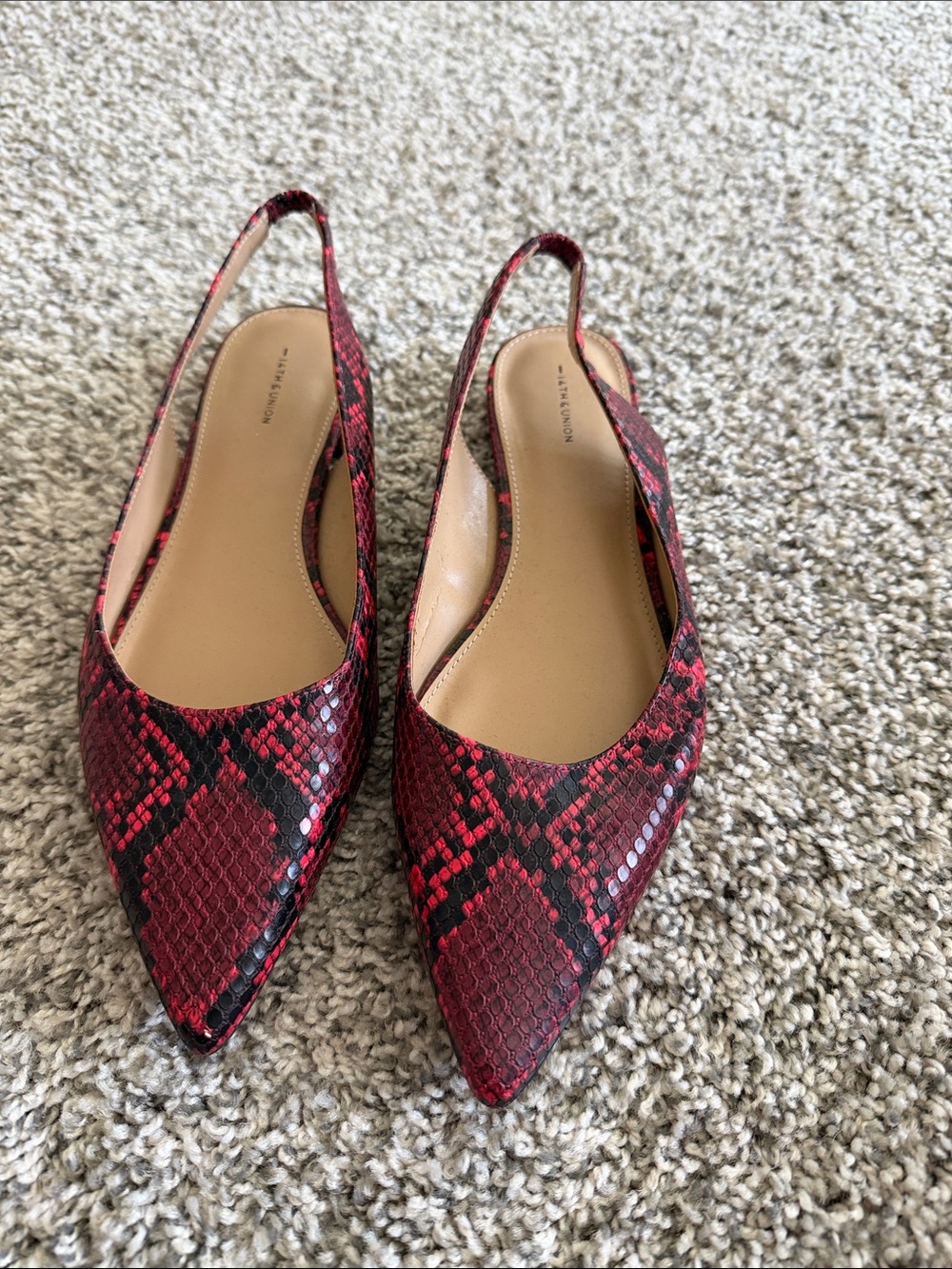 14th & Union Red Snake-Print Pointed Slingback Flats